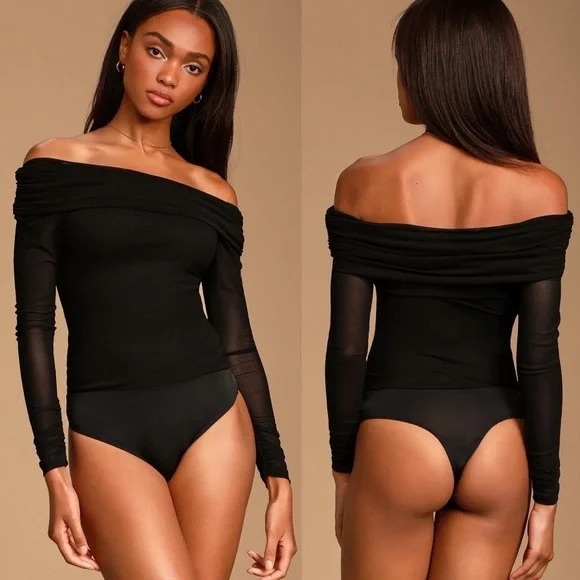 Lulu's Black Mesh Ruched Off-the-Shoulder Bodysuit, S - Picture 2 of 13